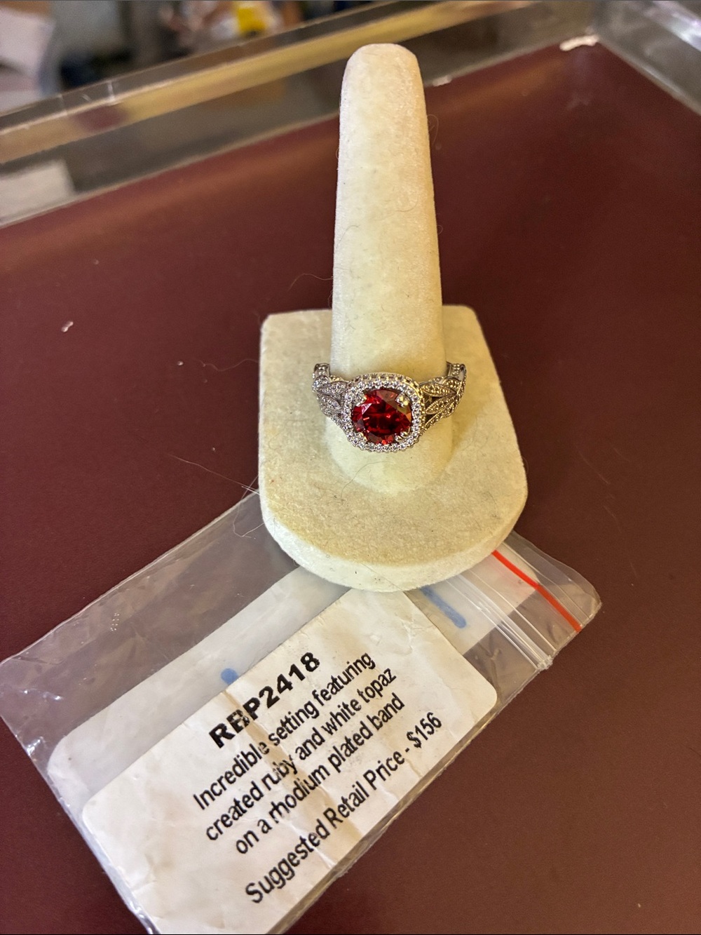 Rhodium plated created Red Ruby Halo Ring with White Topaz Accents #bombparty